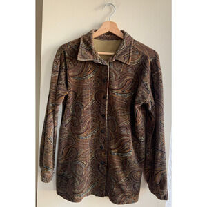 Vintage 90s Brown Paisley Abstract Velour Button-up Party Shirt Women's Large